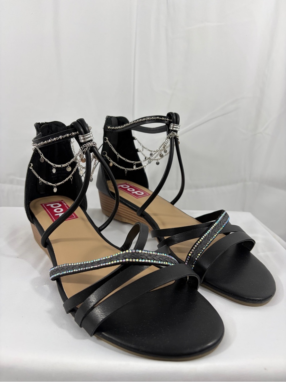 NWT pop Women’s Size 11 Black Strappy Sandals with Rhinestone Accent